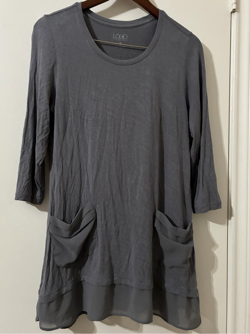 LOGO by Lori Goldstein Gray Tunic Top with Chiffon Detail Size Medium